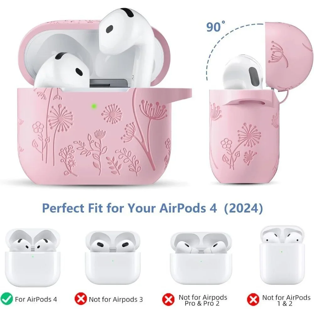 Women's Apple Airpods Flower Engraved Case Compatible Cleaner Kit Keychain Bag